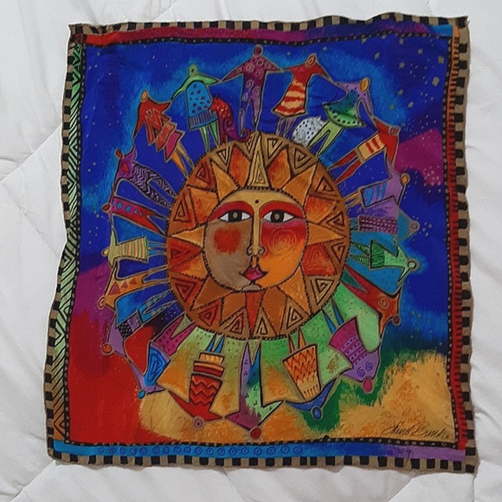 Laurel Burch silk scarf approx 18.5 x 19.5 inches bright Multicolor print EUC